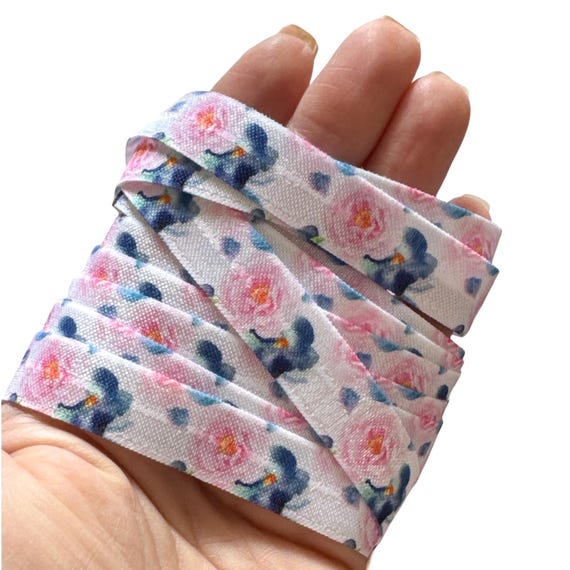 Blue Pink Floral - Fold Over Elastic- FOE- You Choose Yards- Foldover Print Elastic- Elastic by the Yard- 5/8" Fold Over Elastic
