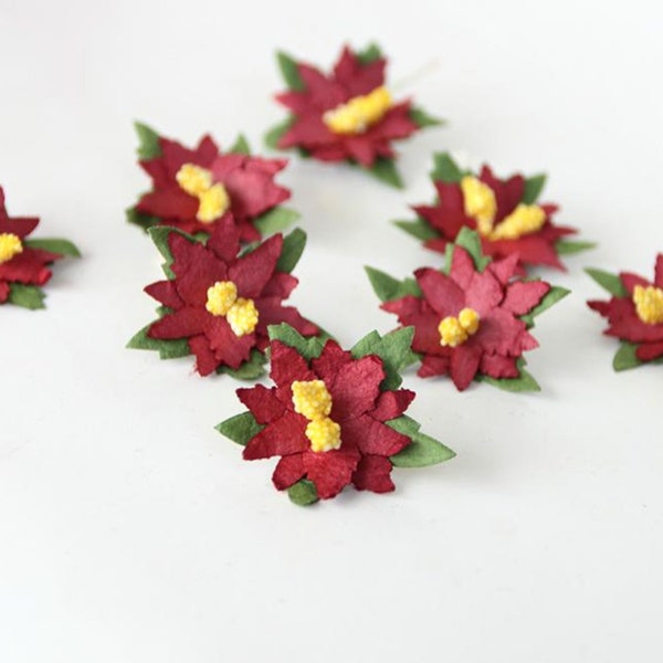 10 Burgundy Poinsetta - Mulberry Paper Flowers - Small 3cm