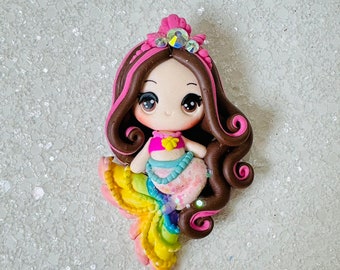 Brunette Rainbow Mermaid Bow Clay