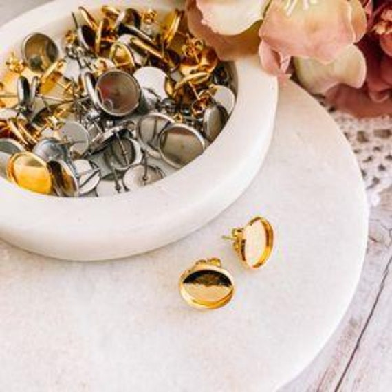 Gold Tone Stainless Steel 10mm Bezel Style Cabochon Earring Stud Trays 10 / 25 Pairs Il_570xn
