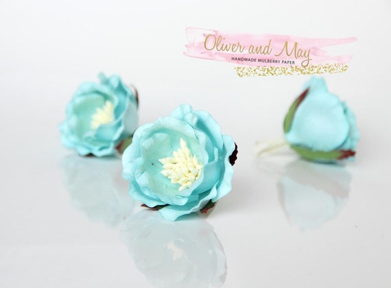 5 pcs Mulberry Paper Flowers - Polyantha Roses - 4.5cm in Soft Turquoise Il_570xn