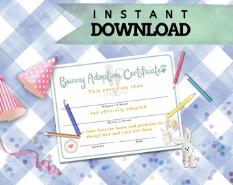 Certificat d'adoption de lapin imprimable | Anniversaire lapin | Fête de lapin | Certificat imprimable Adoptez un lapin