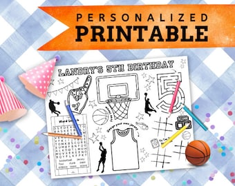 Basketball Activity Placemat | Basketball Theme Birthday Party | Kids Party Favor| Digital File | Personalized Coloring Sheet