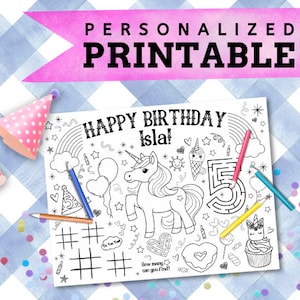 Unicorn Activity Placemat | Unicorn Coloring Sheet | Personalized Printable | Magical Birthday Party | Unicorn Party | Custom Digital File