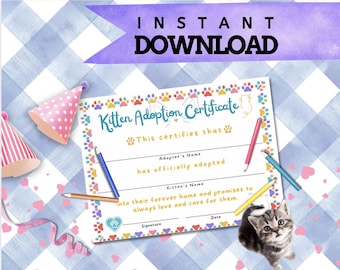 Printable Kitten Adoption Certificate | Kitten Birthday | Kitten Party | Adopt a Kitten Printable Certificate