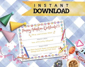Printable Puppy Adoption Certificate | Puppy Birthday | Puppy Party | Adopt a Puppy Printable Certificate | Dog Party