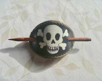 Stick Barrette / Leather Hair Barrette / Skull and Cross Bones