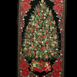 May include: A rectangular Christmas fabric panel with a decorated evergreen tree on a black backdrop. The tree is decorated with red baubles, pinecones, and bird ornaments. Red poinsettias and wrapped gifts with bows frame the tree.