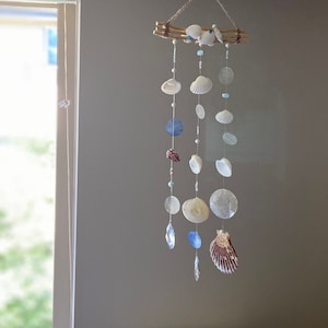 Seaside Serenity: Coastal-inspired Mobile with Natural Wood Branches, Seashell, Pearl Abalone, Crystal and Gemstones | SUN CATCHER