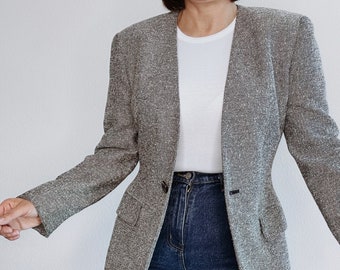 Vintage Collarless Single Button Tweed Blazer