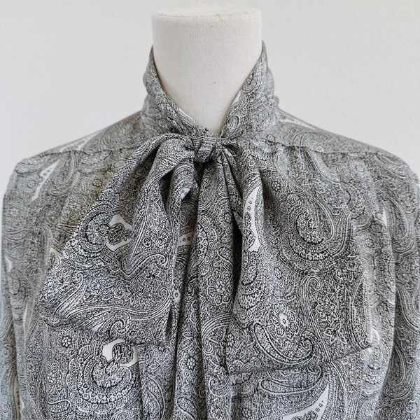 Vintage Evan Picone Satin Black and White Paisley Secretary Blouse