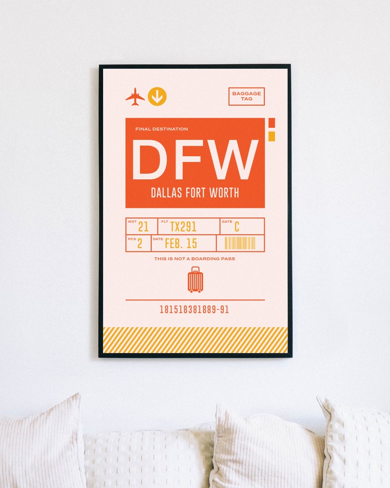 Dallas Forth Worth Baggage Tag Print Printable Wall Art DFW Decor Poster Retro Illustration Instant Digital Downloadable 4 Sizes image 4