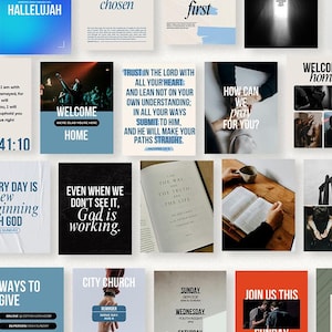 May include: A collection of square graphics with text and images. The graphics feature phrases like "Community Groups," "Hallelujah," and "Welcome Home." Other graphics include Bible verses and images of people.