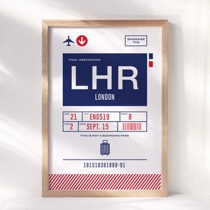 London Heathrow Baggage Tag Print ~ Printable Wall Art ~ LHR Decor Poster ~ Retro Illustration ~ Instant Digital Downloadable - 4 Sizes