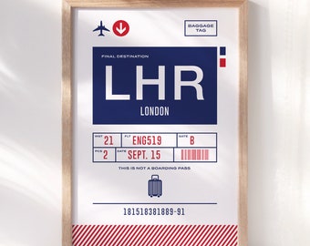 London Heathrow Baggage Tag Print ~ Printable Wall Art ~ LHR Decor Poster ~ Retro Illustration ~ Instant Digital Downloadable - 4 Sizes