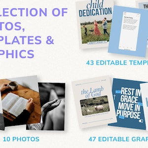 May include: Collection of photos, templates, and graphics. The image features various templates, photos, and graphics with text such as "Child Dedication", "The Lamb of God", and "Heaven Made". The image also includes the text "43 Editable Templates", "10 Photos", and "47 Editable Graphics".