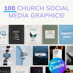 May include: A collection of 100 church social media graphics. The graphics feature various designs with text such as "Heaven Made", "Peace Be Still", and "Community Groups". The text "Edit in Canva" is also present.