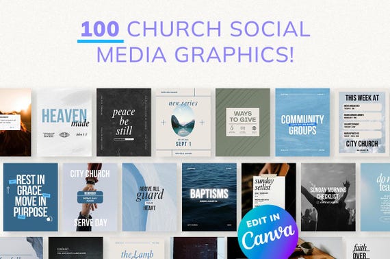 100 Church Social Media Graphics Editable in Canva