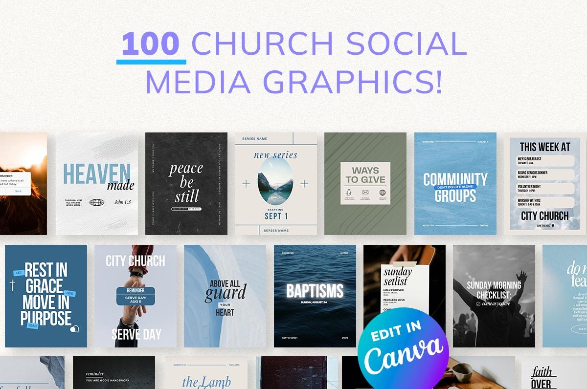 100 Church Social Media Graphics Editable in Canva