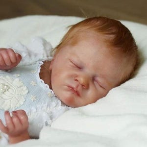 May include: A sleeping reborn baby doll with light brown hair, wearing a blue and white dress with lace details.