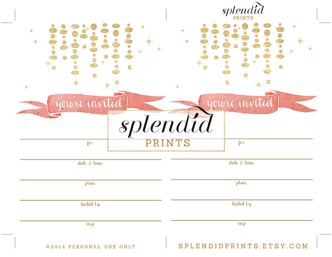Blush Pink &amp; Gold Blank Invitation INSTANT DOWNLOAD 5x7 Glitter Pink ...