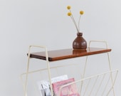 Vintage White Wire Atomic Magazine Rack Occasional Table with Wooden Shelf