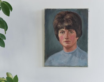 Vintage Original Small 1960s Oil on Canvas Female Portrait Painting