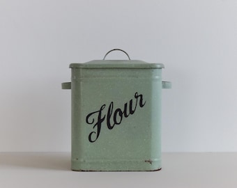 Vintage Green Enamel Flour Jar / Canister