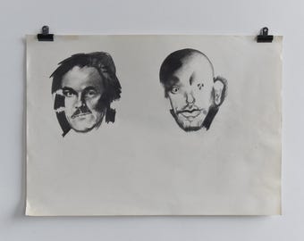 Vintage Original Figurative Pencil Drawing of Two Male Heads by Artist Robert Arthur Bramwell