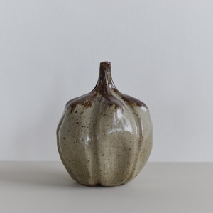May include: A ceramic vase with a rounded body and a slender neck. The vase is a light beige colour with brown detailing around the neck and speckled markings. The vase has a textured, ribbed design and is suitable for home decor.