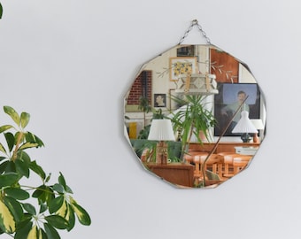 Vintage Frameless Round Cut Glass Bevelled Wall Mirror