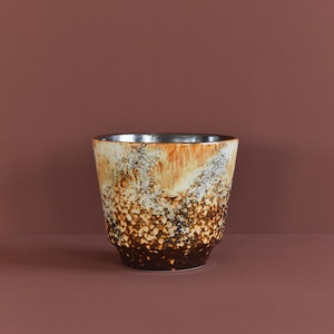 May include: A ceramic planter with a textured, speckled design. The planter features a gradient of colours, transitioning from dark brown at the base to tan and white, with a silver rim. The background is a solid, muted red-brown.