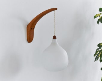 Vintage Swedish Wood and Glass Opaline Wall Light by Uno & Östen Kristiansson for Luxus Vittsjö Model 705