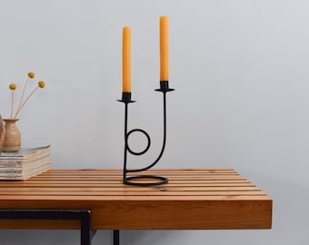 Vintage Black Iron Sculptural Double Candelabra