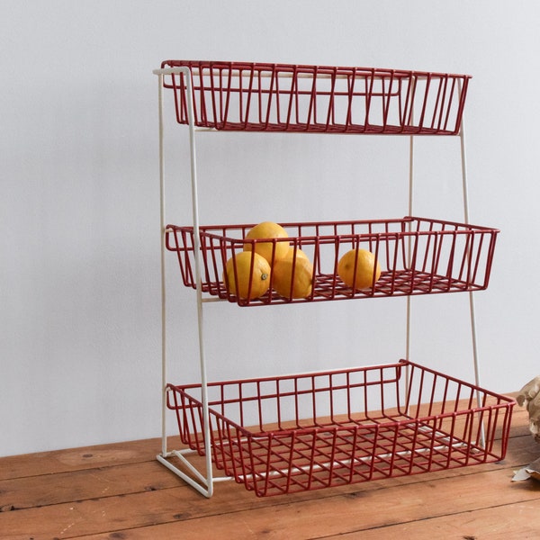 Vintage Red And White Wire Fruit and Vegetable Storage Rack