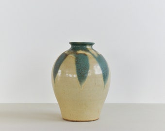 Vintage Large Studio Pottery Green and Beige Vase