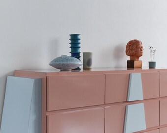 Vintage 1980s Pink and Blue Laminate Sideboard / Chest of Drawers