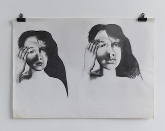Vintage Original Figurative Pencil Drawing of Two Female Heads by Artist Robert Arthur Bramwell