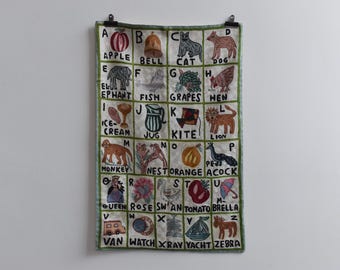 Vintage Folk Art Embroidered Alphabet Wall Hanging / Tapestry