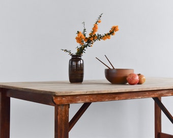 Vintage Large Rustic Wooden Folding Trestle Table with Washed Top