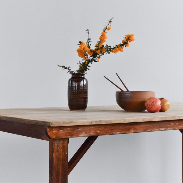 Vintage Large Rustic Wooden Folding Trestle Table with Washed Top