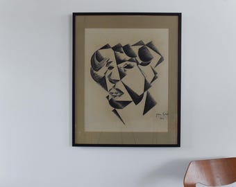 Dibujo original a carboncillo de época basado en Juan Gris