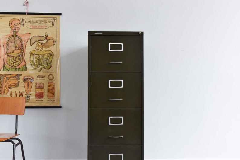 Vintage Green Four Drawer Metal Filing Cabinet Manufactured By Roneo Vickers