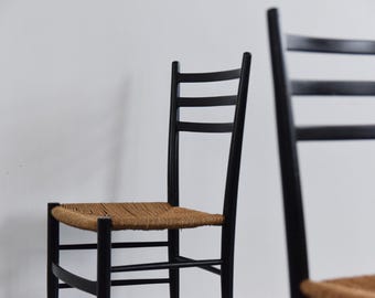 Vintage Pair of Gio Ponti Style Italian Ebonized Ladder Back Rush Dining Chairs