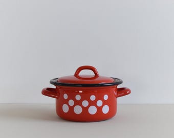Vintage Small Red Polka Dot Enamel Stewing Pot / Pan with Lid