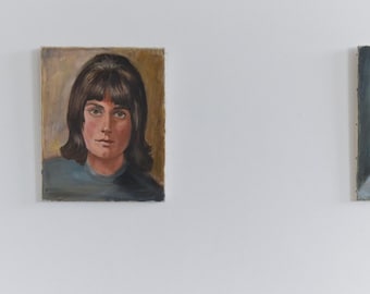 Vintage Original Small 1960s Oil on Canvas Female Portrait Painting