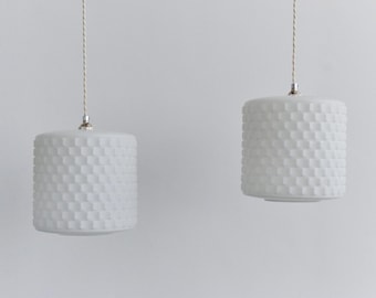 Vintage Pair of White Textured Opaline Glass Pendant Light Shades