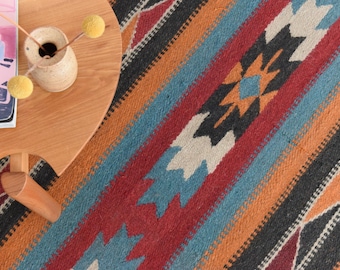 Vintage Patterned Aztec Flat Weave Wool Rug