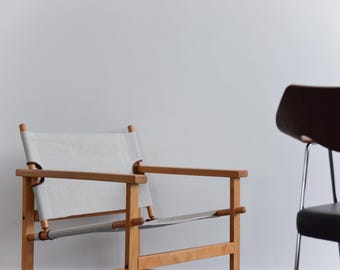 Vintage Danish Hyllinge Mobler Beech and Canvas Sling Lounge Chair