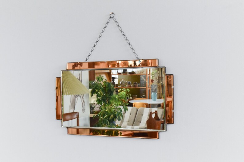 Vintage Art Deco Style Bevelled Mirror with Peach / Rose Gold Panels